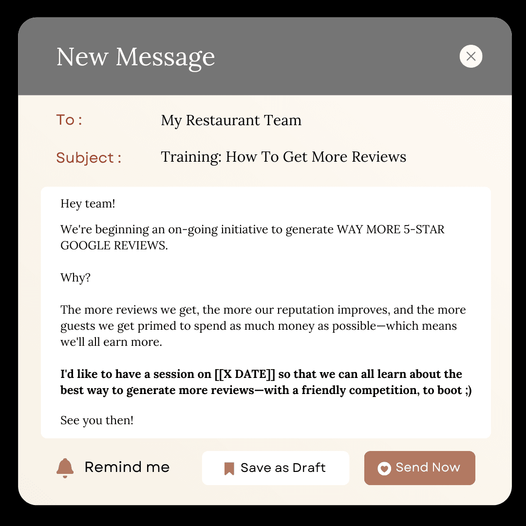 Get started generating more reviews by helping your team understand WHY reviews and review velocity are crucial to the growth of the restaurant—and how everyone will benefit