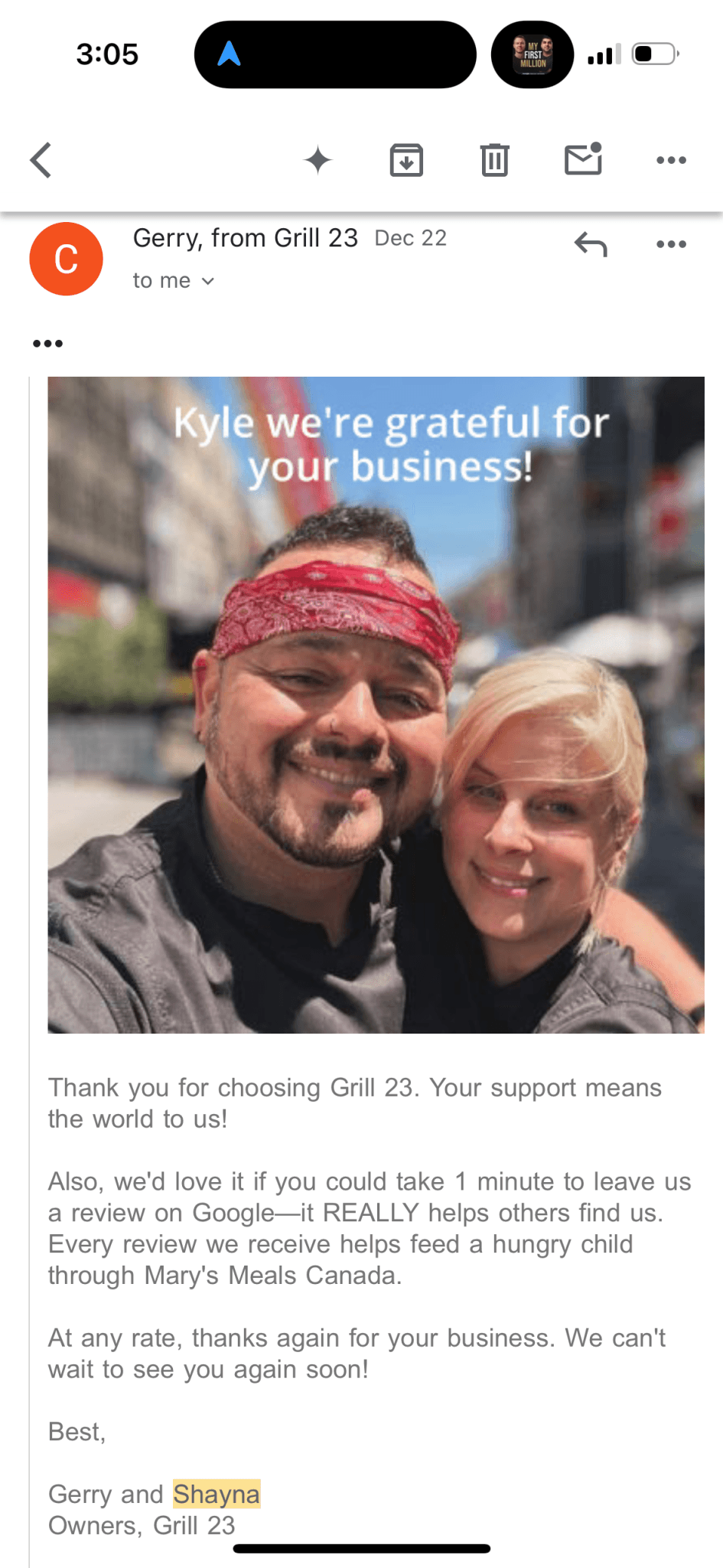 Personal review request email from restaurant owners