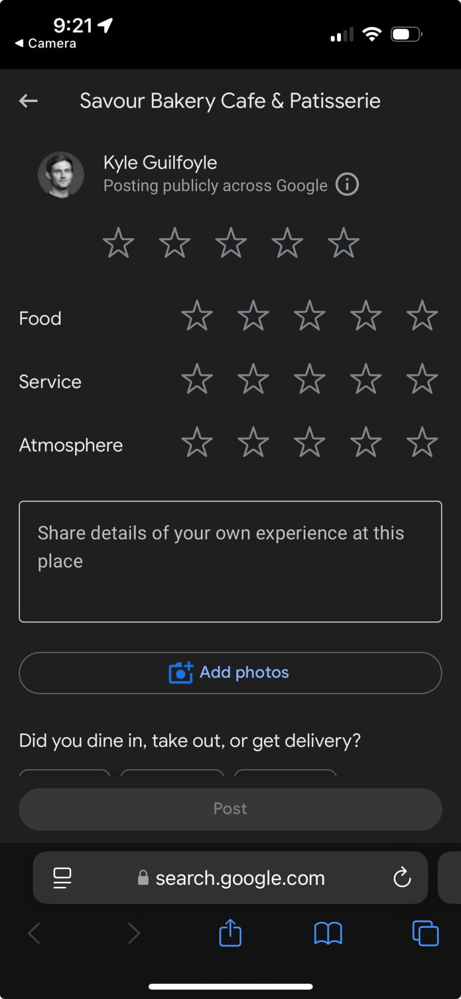 Mobile Google review interface