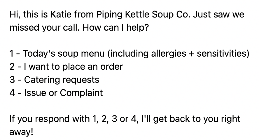 Screemshot showing how missed call text back automates away questions restaurants get again and again
